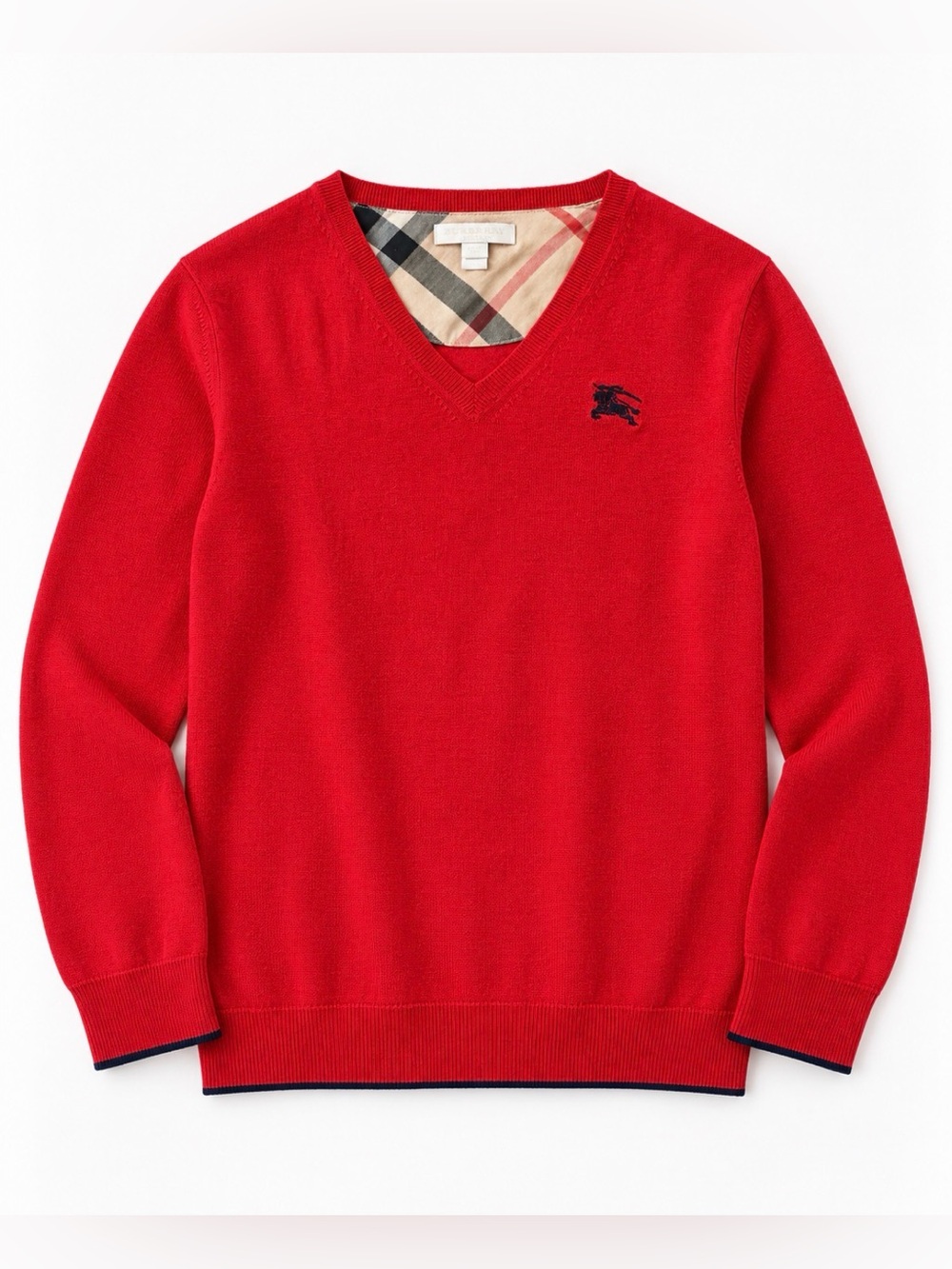 Burberry Red V-Neck Sweater with Signature Check Trim - 14Y